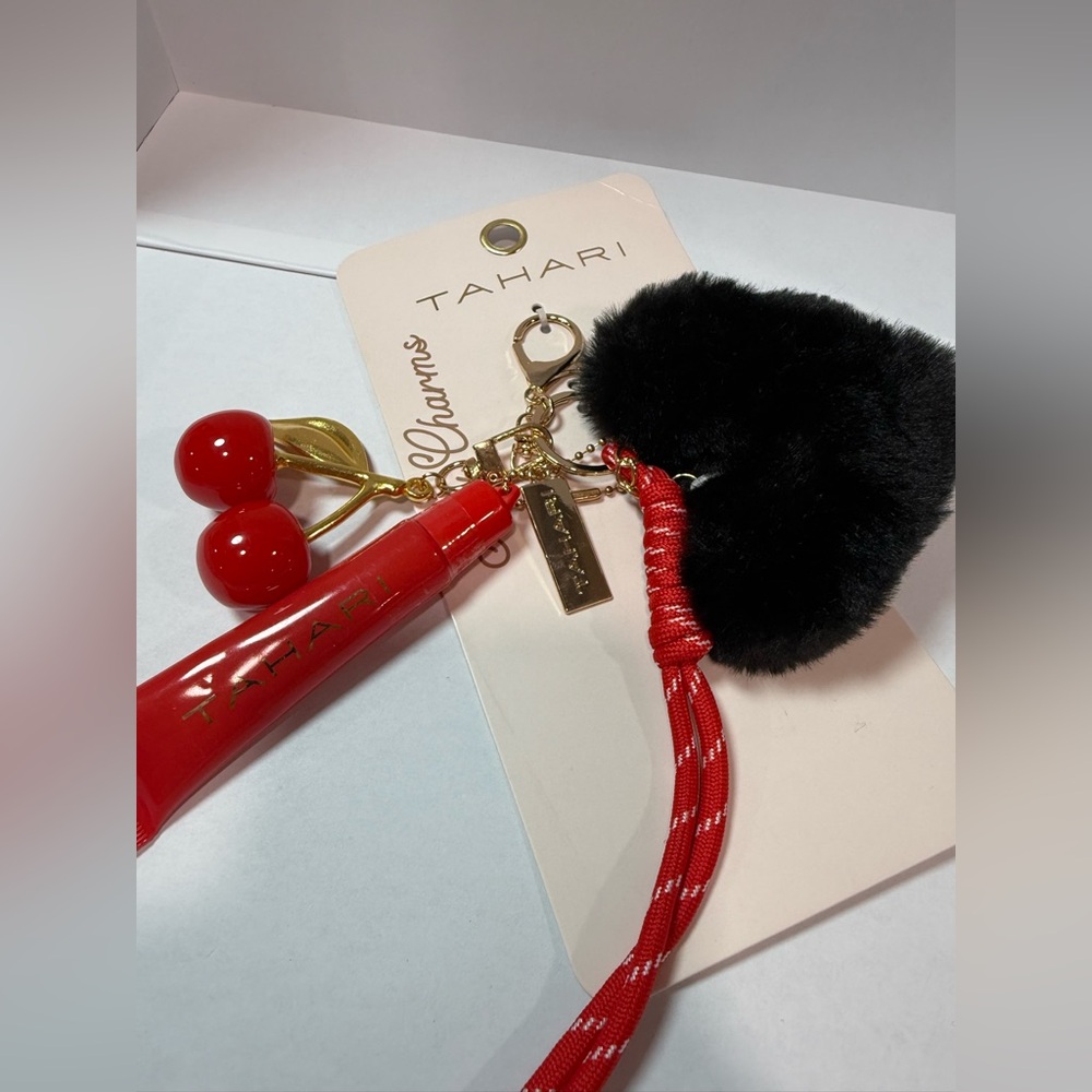 Tahari Cherry Kiss Lip Gloss Keychain Charm Faux Fur Pom Pom NWT - Picture 2 of 4